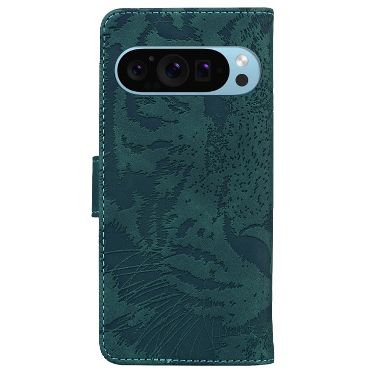 For Google Pixel 9 Tiger Embossing Pattern Flip Leather Phone Case(Green) - Google Cases by buy2fix | Online Shopping UK | buy2fix