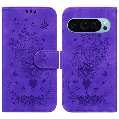 For Google Pixel 9 Butterfly Rose Embossed Leather Phone Case(Purple) - Google Cases by buy2fix | Online Shopping UK | buy2fix