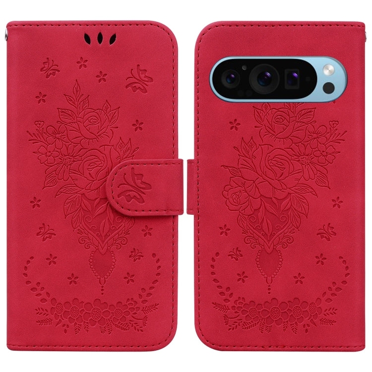 For Google Pixel 9 Butterfly Rose Embossed Leather Phone Case(Red) - Google Cases by buy2fix | Online Shopping UK | buy2fix