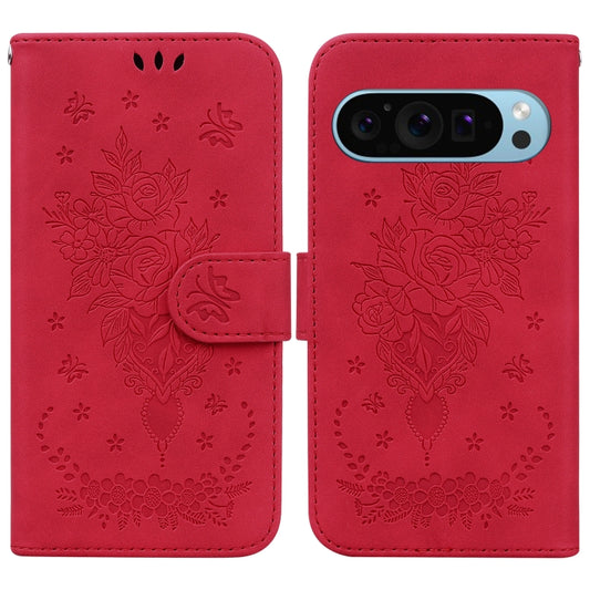 For Google Pixel 9 Butterfly Rose Embossed Leather Phone Case(Red) - Google Cases by buy2fix | Online Shopping UK | buy2fix