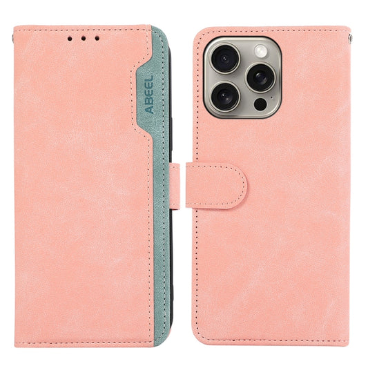 For iPhone 16 Pro ABEEL Color Block Magnetic RFID Leather Phone Case(Pink-Cyan) - iPhone 16 Pro Cases by buy2fix | Online Shopping UK | buy2fix