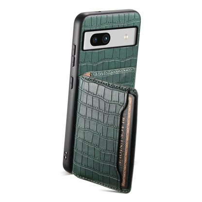 For Google Pixel 7a Crocodile Texture Card Bag Design Full Coverage Phone Case(Green) - Google Cases by buy2fix | Online Shopping UK | buy2fix