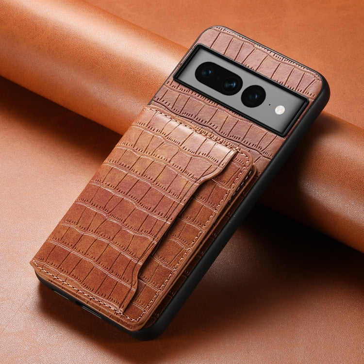 For Google Pixel 7 Pro 5G Crocodile Texture Card Bag Design Full Coverage Phone Case(Brown) - Google Cases by buy2fix | Online Shopping UK | buy2fix