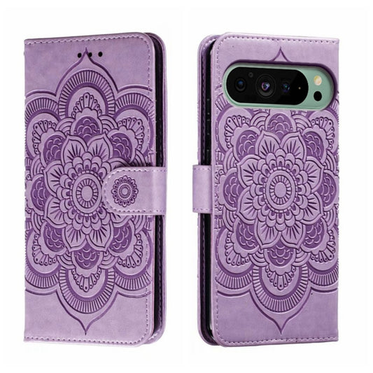 For Google Pixel 9 Sun Mandala Embossing Pattern Phone Leather Case(Purple) - Google Cases by buy2fix | Online Shopping UK | buy2fix