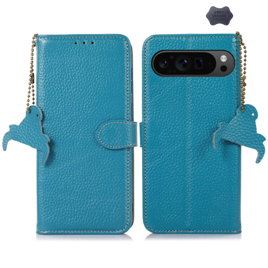 For Google Pixel 9 Pro Genuine Leather Litchi Texture RFID Leather Phone Case(Blue) - Google Cases by buy2fix | Online Shopping UK | buy2fix