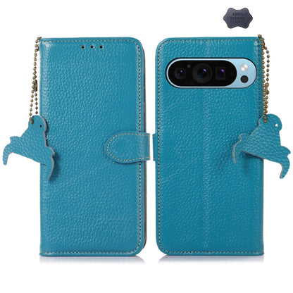 For Google Pixel 9 Genuine Leather Litchi Texture RFID Leather Phone Case(Blue) - Google Cases by buy2fix | Online Shopping UK | buy2fix