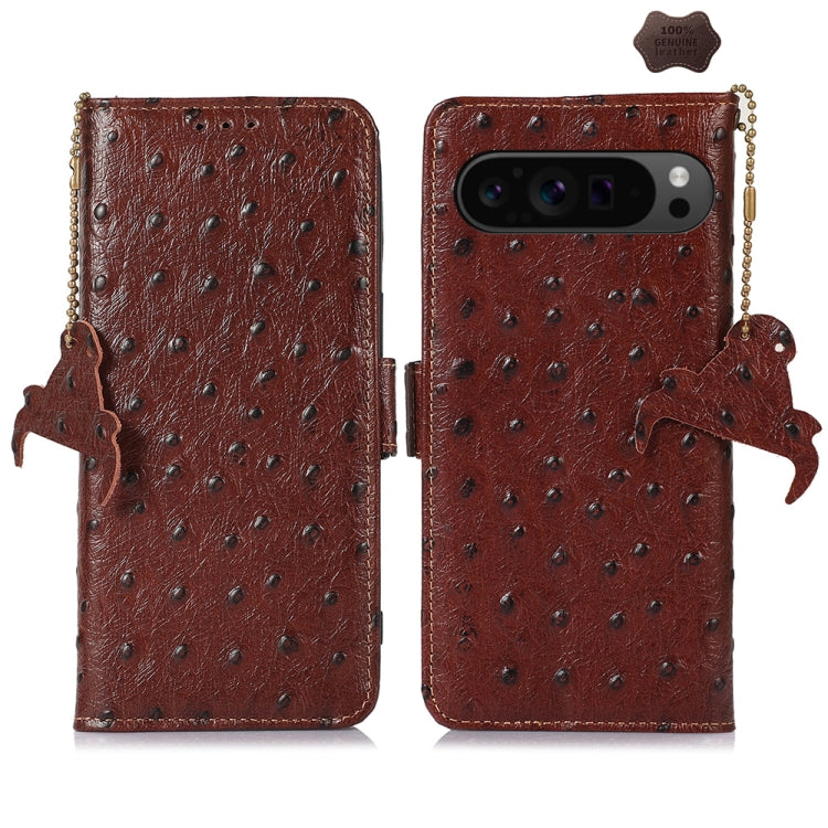 For Google Pixel 9 Pro Ostrich Pattern Genuine Leather RFID Phone Case(Coffee) - Google Cases by buy2fix | Online Shopping UK | buy2fix