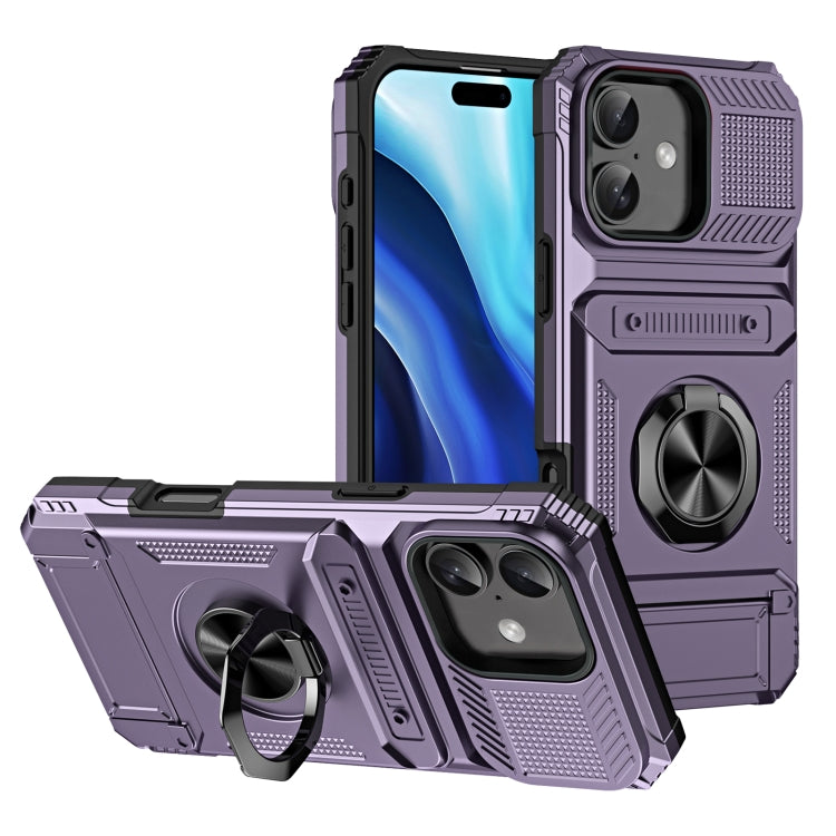 For iPhone 16 TPU+PC Shockproof Card Phone Case with Metal Ring Holder(Purple) - iPhone 16 Cases by buy2fix | Online Shopping UK | buy2fix