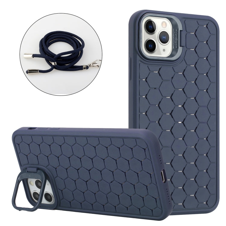 For iPhone 16 Pro Honeycomb Radiating Holder TPU Phone Case with Lanyard(Blue) - iPhone 16 Pro Cases by buy2fix | Online Shopping UK | buy2fix