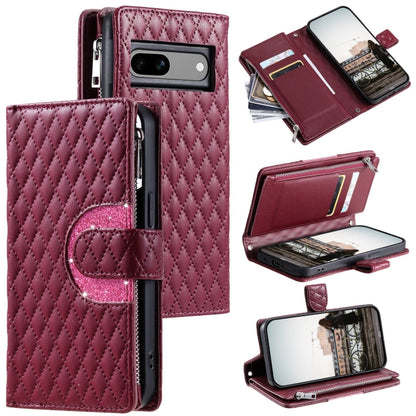 For Google Pixel 7a Glitter Lattice Zipper Wallet Leather Phone Case(Wine Red) - Google Cases by buy2fix | Online Shopping UK | buy2fix