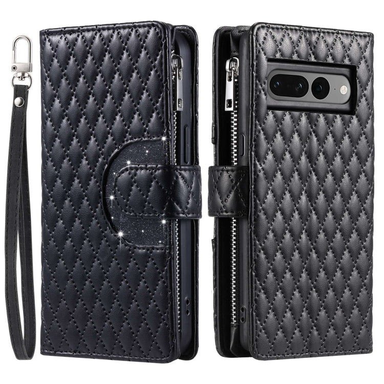 For Google Pixel 7 Pro 5G Glitter Lattice Zipper Wallet Leather Phone Case(Black) - Google Cases by buy2fix | Online Shopping UK | buy2fix