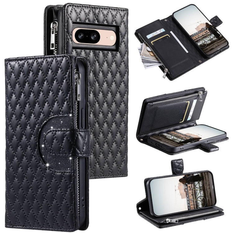 For Google Pixel 8 Glitter Lattice Zipper Wallet Leather Phone Case(Black) - Google Cases by buy2fix | Online Shopping UK | buy2fix