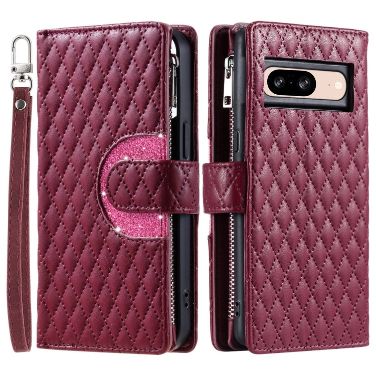 For Google Pixel 8 Glitter Lattice Zipper Wallet Leather Phone Case(Wine Red) - Google Cases by buy2fix | Online Shopping UK | buy2fix