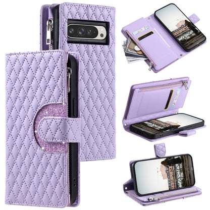 For Google Pixel 9 Pro XL Glitter Lattice Zipper Wallet Leather Phone Case(Purple) - Google Cases by buy2fix | Online Shopping UK | buy2fix