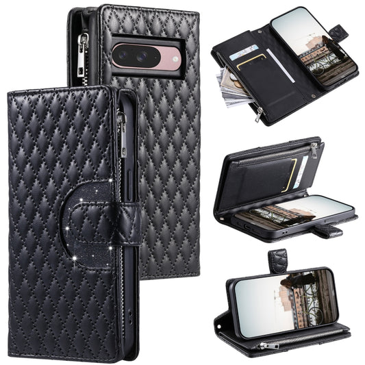 For Google Pixel 9 / 9 Pro Glitter Lattice Zipper Wallet Leather Phone Case(Black) - Google Cases by buy2fix | Online Shopping UK | buy2fix