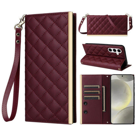 For Samsung Galaxy S24 5G Crossbody Rhombic Sucker Leather Phone Case(Claret) - Galaxy S24 5G Cases by buy2fix | Online Shopping UK | buy2fix