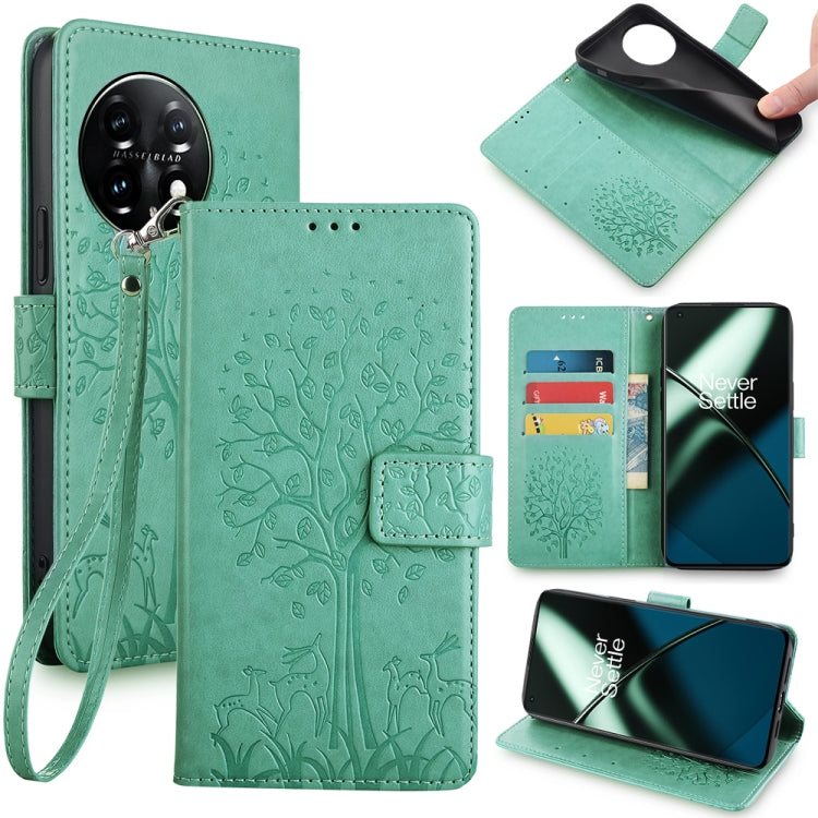 For OnePlus 11 Tree & Deer Embossed Leather Phone Case(Green) - OnePlus Cases by buy2fix | Online Shopping UK | buy2fix