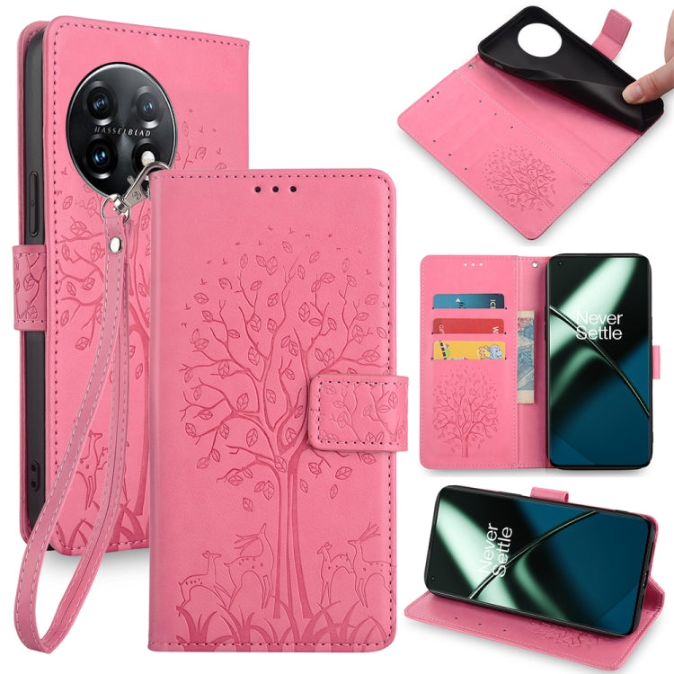 For OnePlus 11 Tree & Deer Embossed Leather Phone Case(Pink) - OnePlus Cases by buy2fix | Online Shopping UK | buy2fix