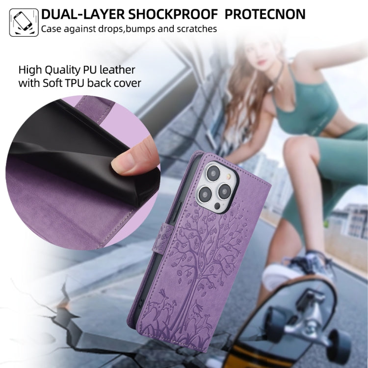 For OnePlus 11 Tree & Deer Embossed Leather Phone Case(Purple) - OnePlus Cases by buy2fix | Online Shopping UK | buy2fix