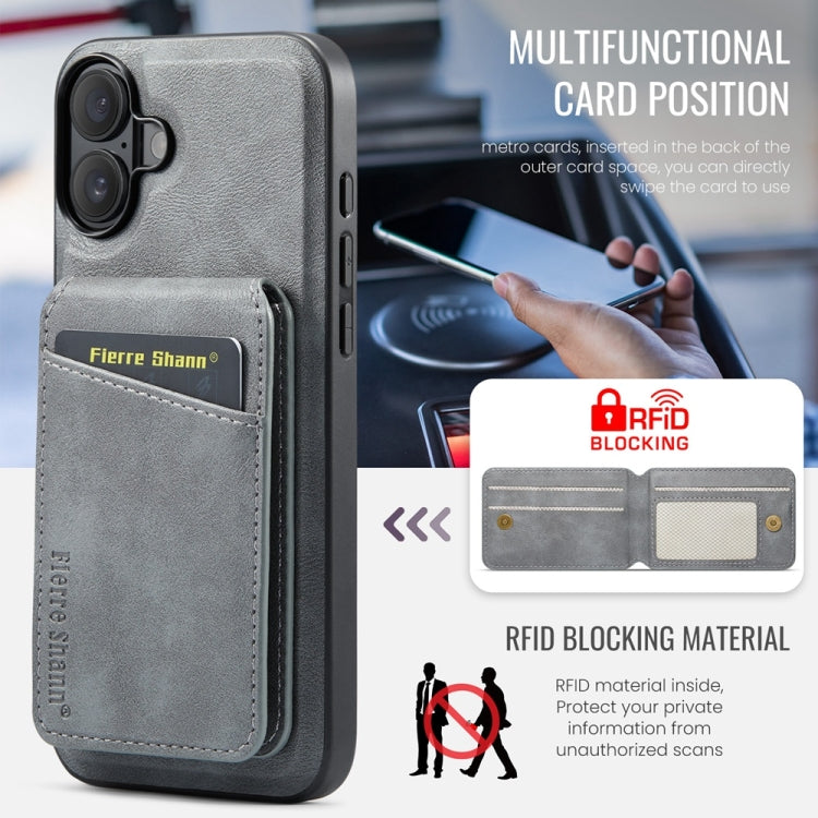 For iPhone 16 Plus Fierre Shann Oil Wax Cow Leather Magnetic Card Holder Phone Case(Grey) - iPhone 16 Plus Cases by FIERRE SHANN | Online Shopping UK | buy2fix