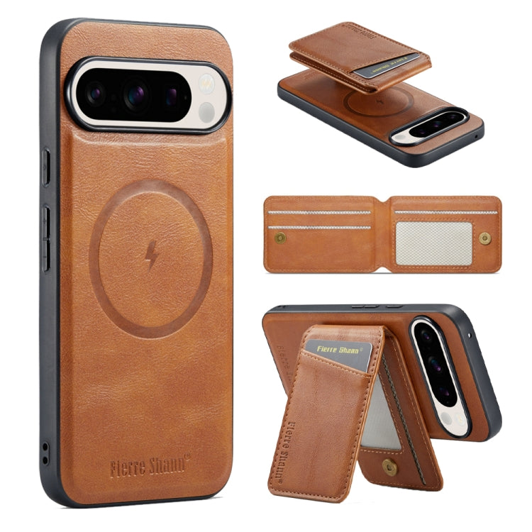 For Google Pixel 9 Fierre Shann Oil Wax Cow Leather Magnetic Card Holder Phone Case(Brown) - Google Cases by FIERRE SHANN | Online Shopping UK | buy2fix