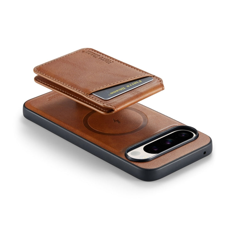 For Google Pixel 9 Fierre Shann Oil Wax Cow Leather Magnetic Card Holder Phone Case(Brown) - Google Cases by FIERRE SHANN | Online Shopping UK | buy2fix