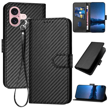 For iPhone 16 YX0070 Carbon Fiber Buckle Leather Phone Case with Lanyard(Black) - iPhone 16 Cases by buy2fix | Online Shopping UK | buy2fix