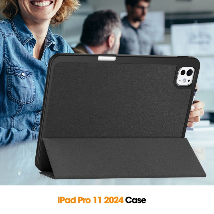 For iPad Pro 11 2024 Custer TPU Pure Color 3-Fold Holder Smart Leather Tablet Case with Pen Tray(Black) - iPad Pro 11 2024 Cases by buy2fix | Online Shopping UK | buy2fix