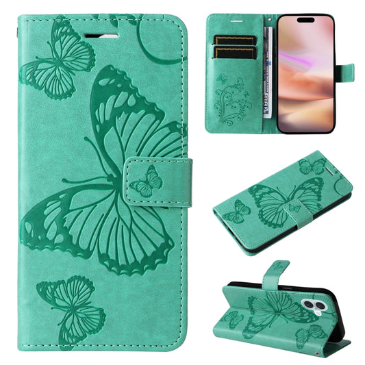 For iPhone 16 Plus 3D Butterfly Embossed Pattern Flip Leather Phone Case(Green) - iPhone 16 Plus Cases by buy2fix | Online Shopping UK | buy2fix