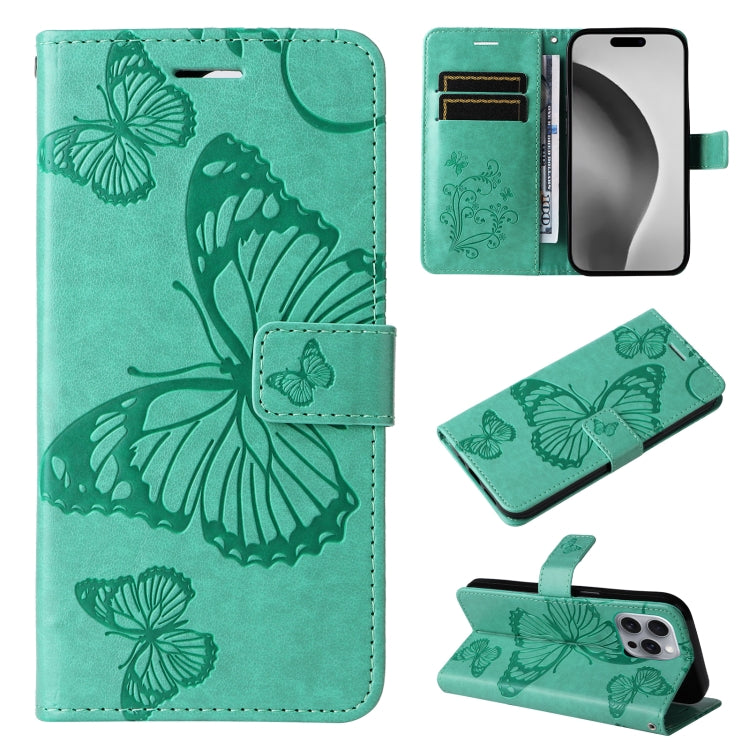 For iPhone 16 Pro Max 3D Butterfly Embossed Pattern Flip Leather Phone Case(Green) - iPhone 16 Pro Cases by buy2fix | Online Shopping UK | buy2fix