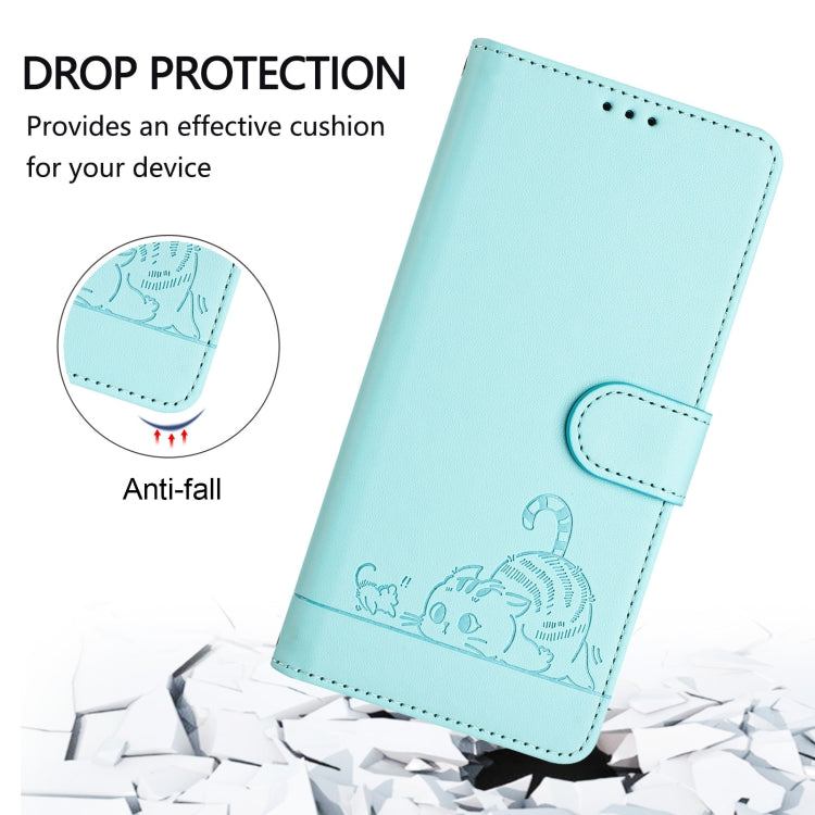 For Google Pixel 9 / 9 Pro Cat Rat Embossed Pattern RFID Leather Phone Case with Lanyard(Mint Green) - Google Cases by buy2fix | Online Shopping UK | buy2fix