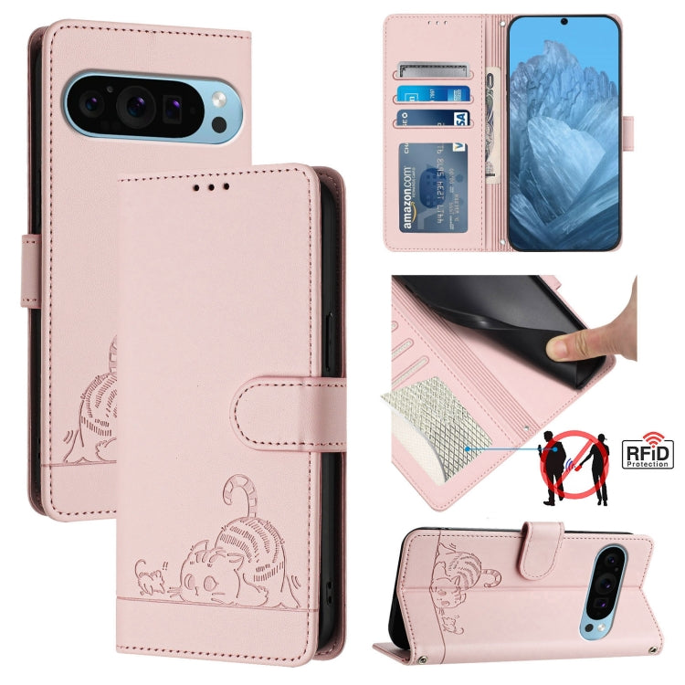 For Google Pixel 9 / 9 Pro Cat Rat Embossed Pattern RFID Leather Phone Case with Lanyard(Pink) - Google Cases by buy2fix | Online Shopping UK | buy2fix