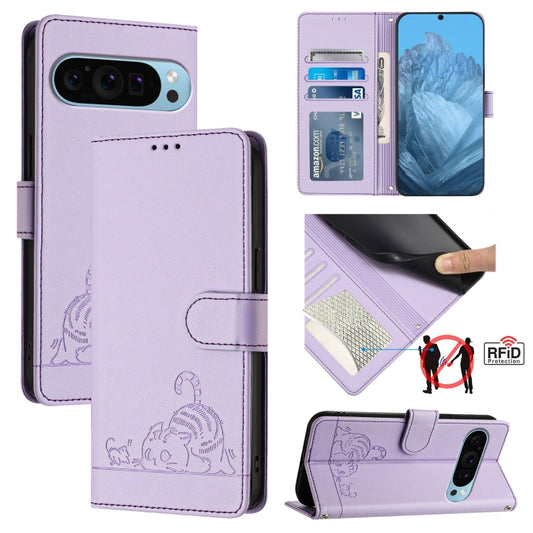 For Google Pixel 9 Pro XL Cat Rat Embossed Pattern RFID Leather Phone Case with Lanyard(Purple) - Google Cases by buy2fix | Online Shopping UK | buy2fix