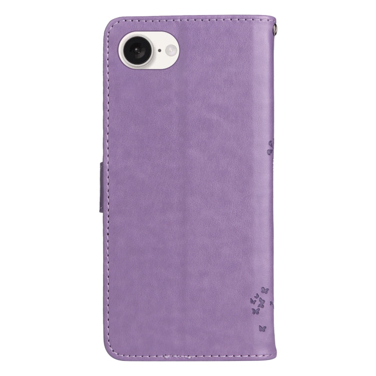 For iPhone SE 2024 Tree & Cat Embossed Pattern Flip Leather Phone Case(Light Purple) - More iPhone Cases by buy2fix | Online Shopping UK | buy2fix