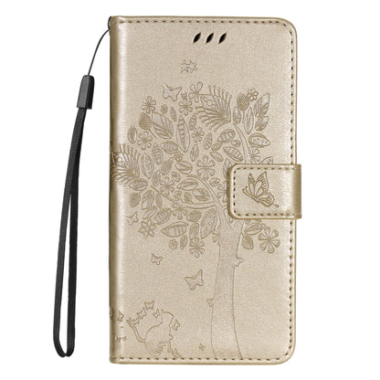 For iPhone SE 2024 Tree & Cat Embossed Pattern Flip Leather Phone Case(Gold) - More iPhone Cases by buy2fix | Online Shopping UK | buy2fix