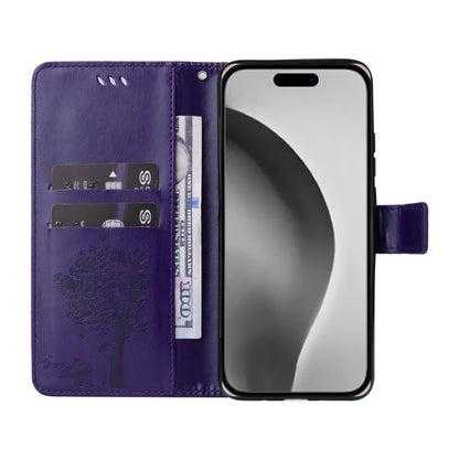 For iPhone 16 Pro Max Tree & Cat Embossed Pattern Flip Leather Phone Case(Purple) - iPhone 16 Pro Max Cases by buy2fix | Online Shopping UK | buy2fix