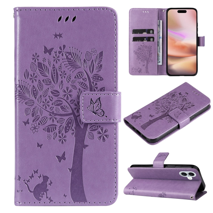 For iPhone 16 Plus Tree & Cat Embossed Pattern Flip Leather Phone Case(Light Purple) - iPhone 16 Plus Cases by buy2fix | Online Shopping UK | buy2fix