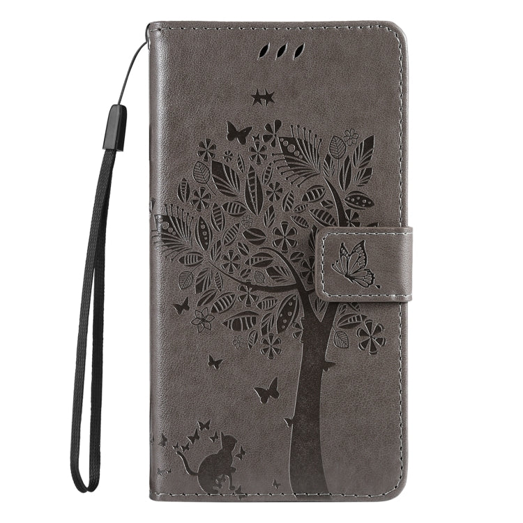 For iPhone 16 Plus Tree & Cat Embossed Pattern Flip Leather Phone Case(Grey) - iPhone 16 Plus Cases by buy2fix | Online Shopping UK | buy2fix