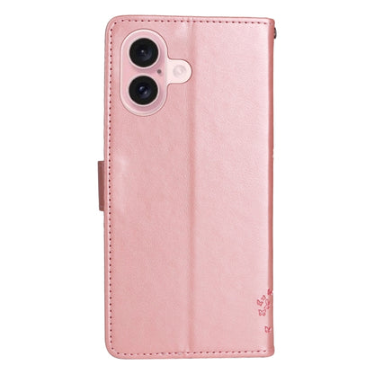 For iPhone 16 Tree & Cat Embossed Pattern Flip Leather Phone Case(Rose Gold) - iPhone 16 Cases by buy2fix | Online Shopping UK | buy2fix