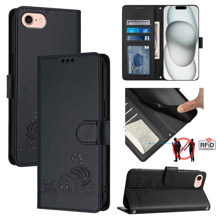 For iPhone SE 2024 Cat Rat Embossed Pattern RFID Leather Phone Case with Lanyard(Black) - More iPhone Cases by buy2fix | Online Shopping UK | buy2fix