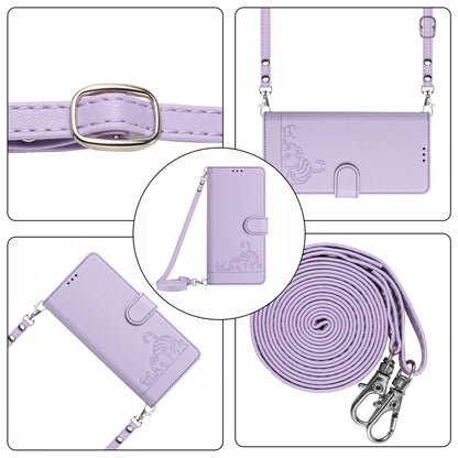 For iPhone SE 2024 Cat Rat Embossed Pattern RFID Leather Phone Case with Lanyard(Purple) - More iPhone Cases by buy2fix | Online Shopping UK | buy2fix