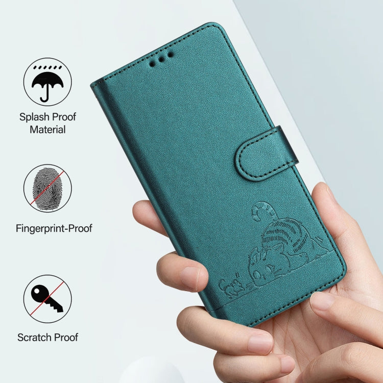 For Motorola Moto G Play 4G 2024 Global Cat Rat Embossed Pattern RFID Leather Phone Case with Lanyard(Peacock Green) - Motorola Cases by buy2fix | Online Shopping UK | buy2fix