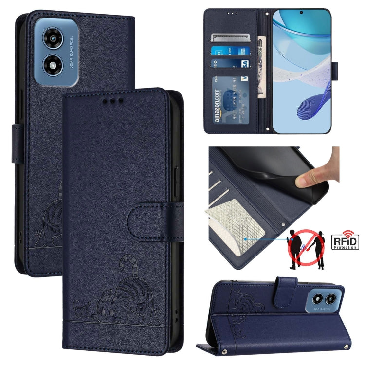 For Motorola Moto G Play 5G 2024 Global Cat Rat Embossed Pattern RFID Leather Phone Case with Lanyard(Blue) - Motorola Cases by buy2fix | Online Shopping UK | buy2fix