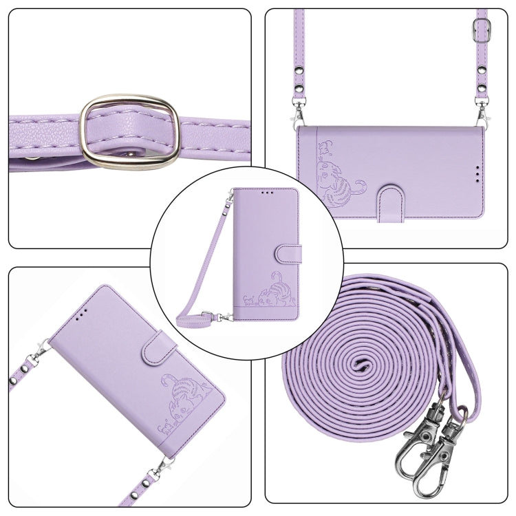 For Motorola Moto G Stylus 5G 2024 Cat Rat Embossed Pattern RFID Leather Phone Case with Lanyard(Purple) - Motorola Cases by buy2fix | Online Shopping UK | buy2fix