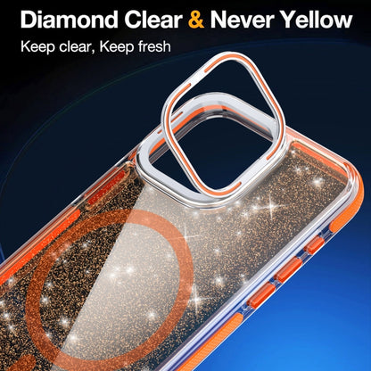 For iPhone 15 Pro Two-color Glitter Powder Lens Holder Magsafe Phone Case(Orange) - iPhone 15 Pro Cases by buy2fix | Online Shopping UK | buy2fix