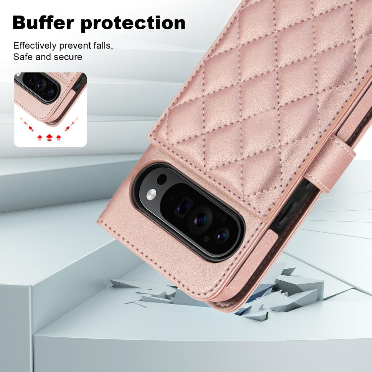 For Google Pixel 9 Crossbody Multifunction Rhombic Leather Phone Case(Rose Gold) - Google Cases by buy2fix | Online Shopping UK | buy2fix