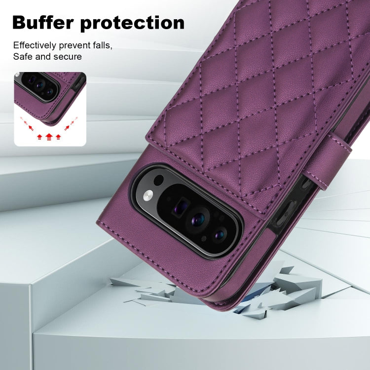 For Google Pixel 9 Crossbody Multifunction Rhombic Leather Phone Case(Dark Purple) - Google Cases by buy2fix | Online Shopping UK | buy2fix