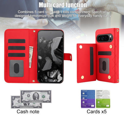 For Google Pixel 9 Pro XL Crossbody Multifunction Rhombic Leather Phone Case(Red) - Google Cases by buy2fix | Online Shopping UK | buy2fix