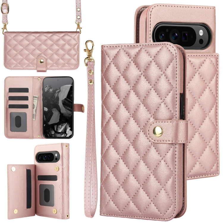 For Google Pixel 9 Pro XL Crossbody Multifunction Rhombic Leather Phone Case(Rose Gold) - Google Cases by buy2fix | Online Shopping UK | buy2fix