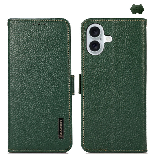 For iPhone 16 KHAZNEH Side-Magnetic Litchi Genuine Leather RFID Case(Green) - iPhone 16 Cases by buy2fix | Online Shopping UK | buy2fix